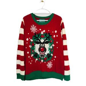 Ugly Christmas Sweater Reindeer Red Cream Green Reindeer No Lights Unisex XXL